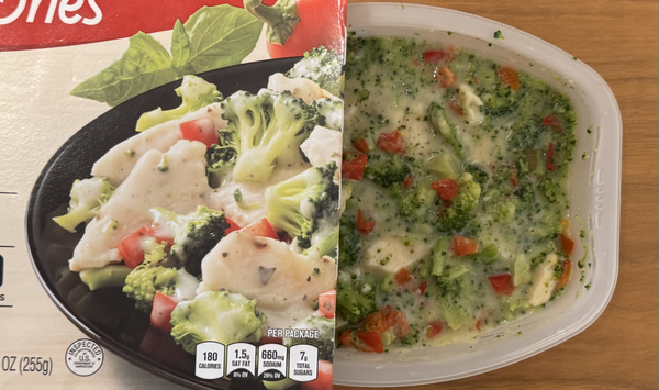 The box for a microwave lunch -- showing half of a plate of chicken and broccoli and red peppers -- is laid across the left half of the actual product, creating a split image: one side the marketing, one side the real world. They... look different.