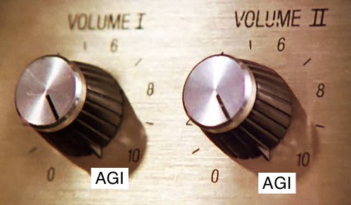 A screenshot of the amp from "This Is Spinal Tamp" with the dial turned to 11, but the "11" has been replaced by "AGI".