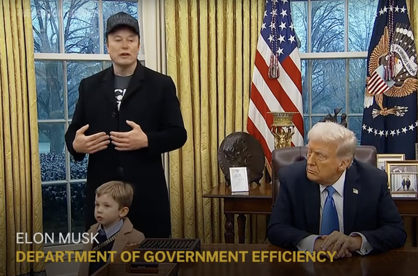 A screenshot of an AP video of Elon Must, his son X Æ A-Xii, and Donald Trump in the Oval Office.