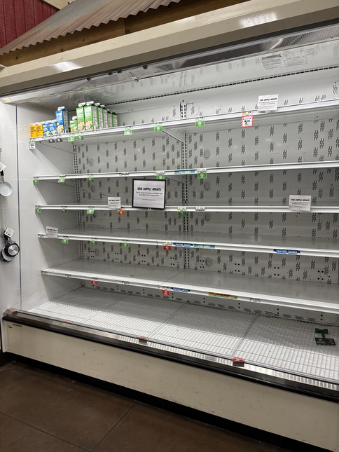 A photo of a giant, completely empty egg display in a supermarket.