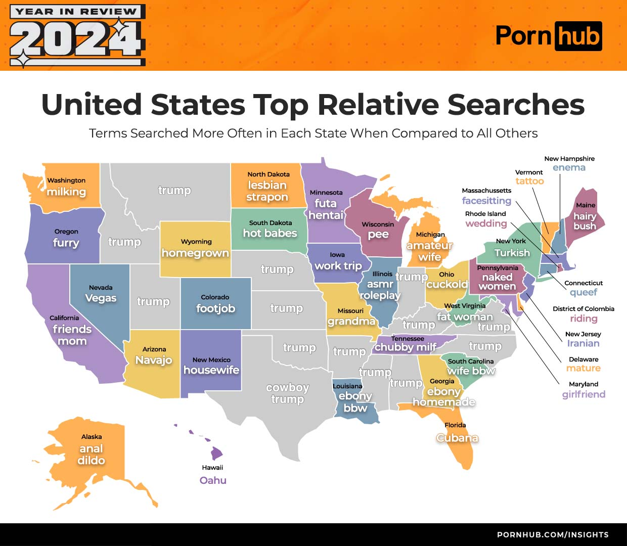 A map of the United States, originally from Pornhub, with various searches marked or each state where the site is available. The other states have 