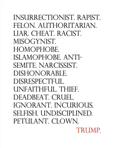 A flyer that says: Insurrectionist. Rapist. Felon. Authoritarian. Liar. Cheat. Racist. Misogynist. Homophobe. Islamophobe. Anti- Semite. Narcissist. Dishonorable. Disrespectful. Unfaithful. Thief. Deadbeat. Cruel. Ignorant. Incurious. Selfish. Undisciplined. Petulant. Clown. TRUMP.